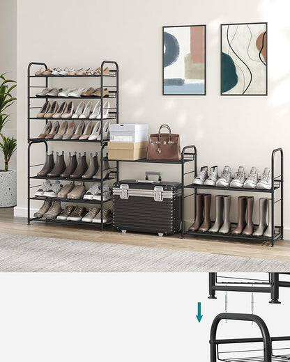 SONGMICS 4 Tier Shoe Rack, Stackable Storage Rack, Up to 16 Pairs, Metal, 68.5 x 27.5 x 65 cm, for High Heels, Sneakers, Slippers, in Entrance, Black LMR067B01