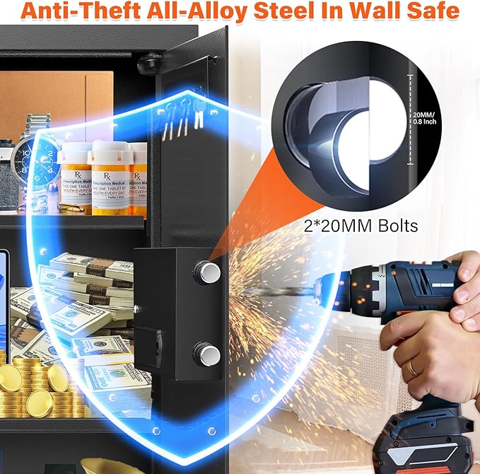 25.6" Tall Fireproof Wall Safes Between the Studs 16" Centers, Hidden Wall Safe with 2 Removable Shelf & Hidden Tray, Heavy Duty Wall Mount Safe for Money, Jewelry, Passport, Valuables