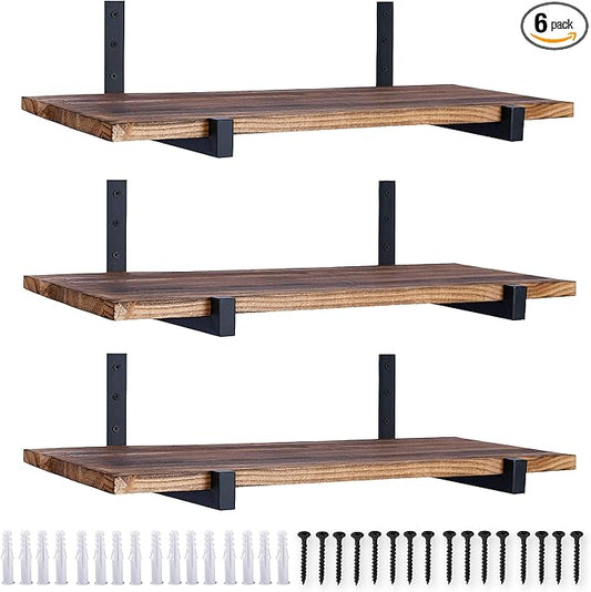 OVOV 6 Pack Heavy Duty Shelf Brackets Wall Mounted Industrial Farmhouse Floating Shelf Brackets with Lip (Black 10")