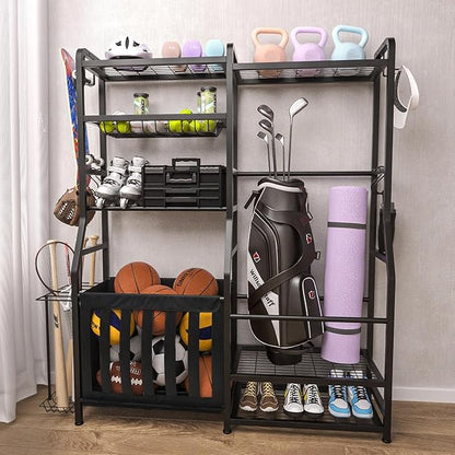 Garage Sports Equipment Organizer, Golf Bag Storage Rack, Heavy Duty Ball Holder with Basket & Hooks, Indoor/Outdoor Basketball Storage Bins for Toy Sports Gear Storage