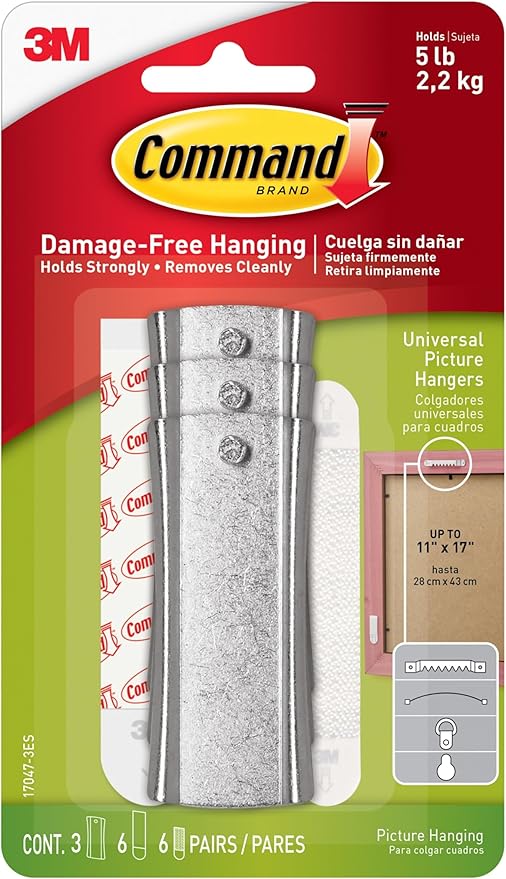 Command 5 lb Universal Picture Hanger, 3 Frame Hangers, 6 Command Strips and 6 Frame Stabilizer Strips for Sawtooth, D-Ring, Wire, Keyhole and Other Frames, Damage-Free Hanging for Home Decor