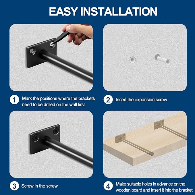 12 Pcs 6" Black Solid Steel Floating Shelf Bracket Blind Shelf Supports - Hidden Brackets for Floating Wood Shelves - Concealed Blind Shelf Support – Screws and Wall Plugs Included