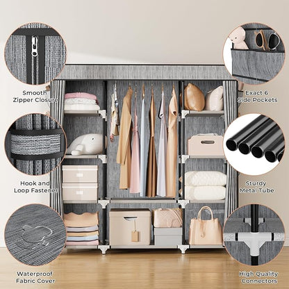 VTRIN Portable Closet Wardrobe for Hanging Clothes 57.3 Inch Large Capacity Clothes Rack with Cover, 10 Storage Organizer Shelves, 1 Hanging Rods and 6 Pockets, Free Standing Closet, Printing