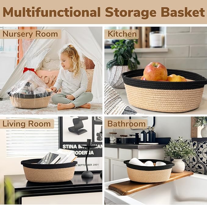 Goodpick Small Woven Basket, Decorative Basket for Home Decor, Small Woven Baskets with Handles for Gifts, Dog Toy Bin, Storage Baskets for Bathroom, Living Room, 12"x 8" x 5", Jute and Black