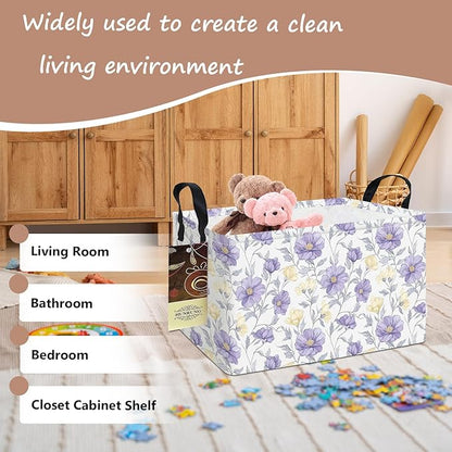 HUNRUNG Rectangle Storage Basket Cute Canvas Organizer Bin for Pet/Children Toys, Books, Clothes Perfect for Rooms(REC-Purple Flowers)
