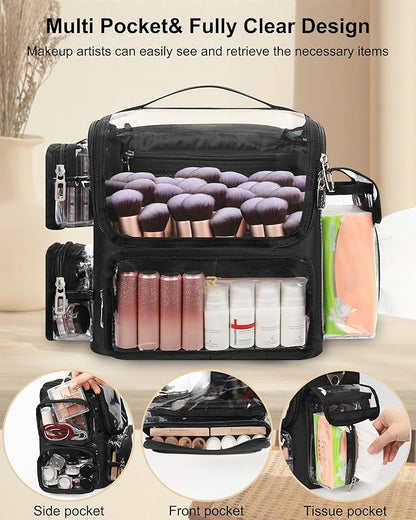 TANTO Makeup Brush Bag, Makeup Artist Bag Clear Makeup Case Professional Large Cosmetic Organizer Bag Portable Cosmetic Train Case with Adjustable Dividers & Shoulder Strap Easy to Clean