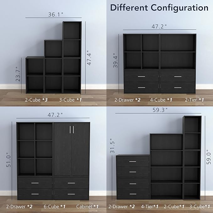 Homes: Inside + Out Apexa 3-Cube Storage Organizer Shelves, Stackable Wood Bookcase Fits Cubby Bins for Organization, Dorm Teen Room Decor & Home Office, Black