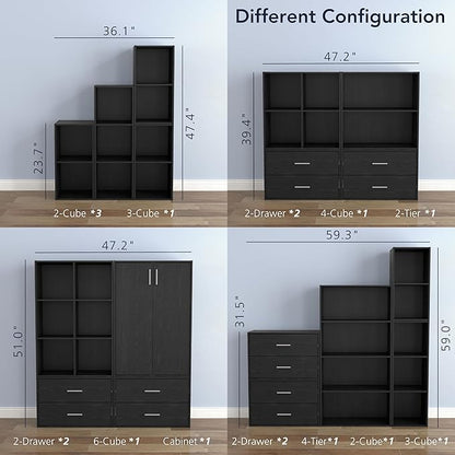 Homes: Inside + Out Apexa 3-Tier Cube Storage Organizer Shelves, Stackable Wood Bookcase Fits Cubby Bins for Organization, Dorm Teen Room Decor & Home Office, Black
