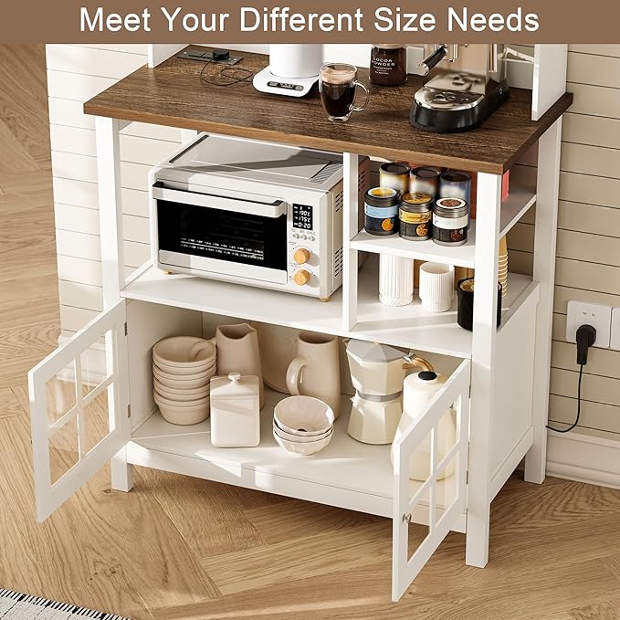 ChooChoo Farmhouse Bakers Rack with Power Outlets and Storage, Coffee Bar Cabinet with Storage, Microwave Stand Kitchen Cabinet with Hutch and 6 Hooks, Soft White & Brown