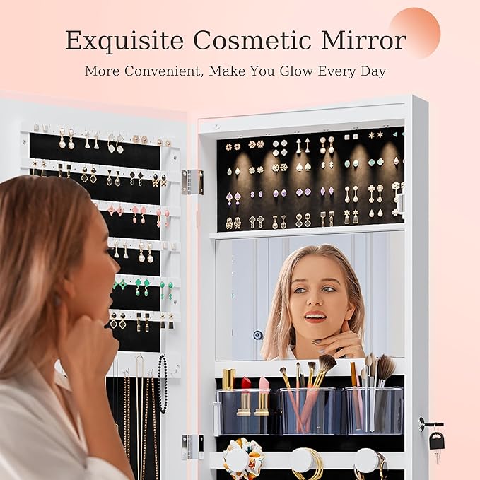Mirror Jewelry Cabinet,Lockable Wall or Door Mounted Jewelry Armoire Organizer With Built-up Mirror,LED Lights, Drawers,Cosmetic Trays,Shelves, 14.4"x3.15"x 43.1"（White）