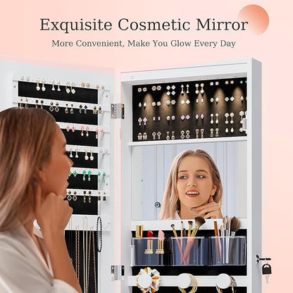 Mirror Jewelry Cabinet,Lockable Wall or Door Mounted Jewelry Armoire Organizer With Built-up Mirror,LED Lights, Drawers,Cosmetic Trays,Shelves, 14.4"x3.15"x 43.1"（White）