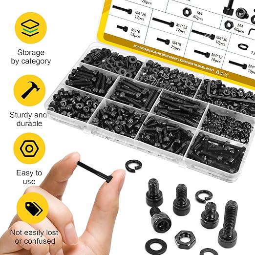 480PCS M4 Screws Assortment Kit, M4x6/8/12/16/20/30 mm Hex Socket Head Cap Bolts, Nuts & Washers Set, 12.9 Grade Alloy Steel Black Zinc Plated M4 Screw Assorted Kit for 3D Printer, DIY, Repairs