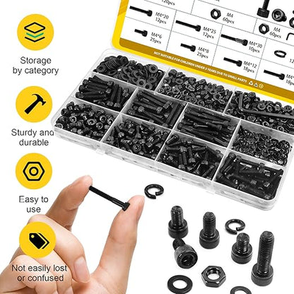 480PCS M4 Screws Assortment Kit, M4x6/8/12/16/20/30 mm Hex Socket Head Cap Bolts, Nuts & Washers Set, 12.9 Grade Alloy Steel Black Zinc Plated M4 Screw Assorted Kit for 3D Printer, DIY, Repairs
