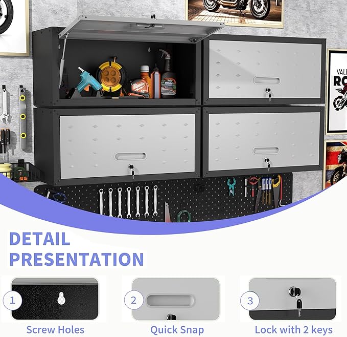 Metal Garage Wall Cabinet with Lock, Wall Mounted Metal Storage Cabinets with Flip-Up Doors, Lockable Floating Tool Storage for Garage Basement Utility Room