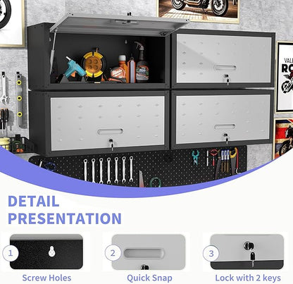 Metal Garage Wall Cabinet with Lock, Wall Mounted Metal Storage Cabinets with Flip-Up Doors, Lockable Floating Tool Storage for Garage Basement Utility Room