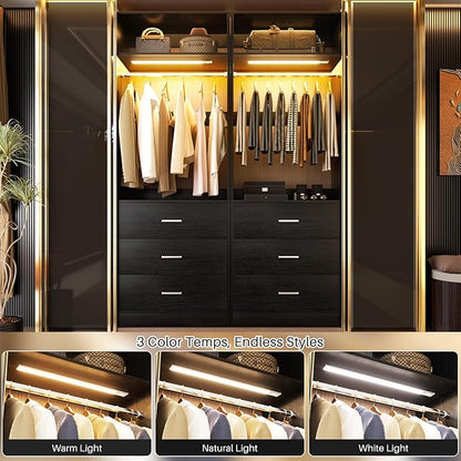 4FT Closet System with 2 Motion Sensor LED Lights, 48" Closet Systems with 6 Drawers, Closet Organizer System with 2 Hanging Rods & 2 Shelves, Heavy Duty 48 Inch Walk-in Closet, Black