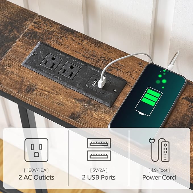 Skinny Console Table with Power Outlets, 70.9" Narrow Sofa Table, Behind Couch Table with Charging Station, Sofa Hallway Table for Plants, Living Room CTHR185E01