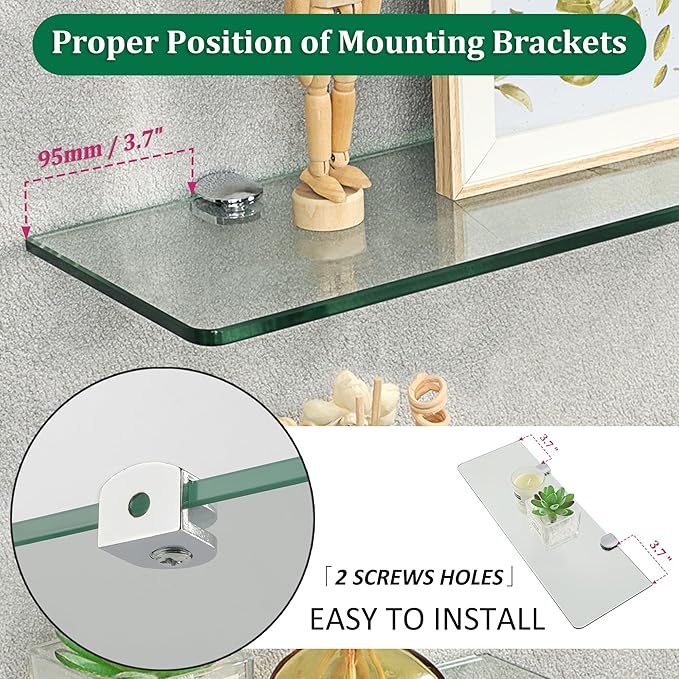 SAYAYO Floating Glass Shelves for Bathroom, Tempered Glass Shelf for Wall 15 x 5 Inch 2 Pack, Clear