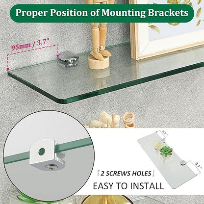 SAYAYO Floating Glass Shelves for Bathroom, Tempered Glass Shelf for Wall 15 x 5 Inch 2 Pack, Clear