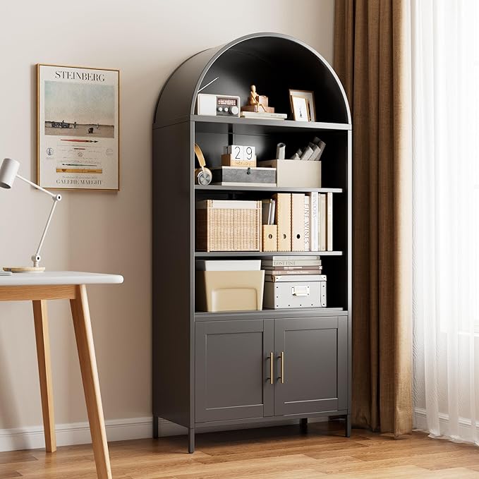 Arched Bookcase with 2 Adjustable Shelves,Black Arched Cabinet for Living Room, Home,Required Assembly,Black,17.7" D x 35.5" W x 78.8" H