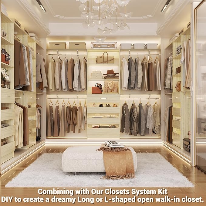Aheaplus Closet System with Drawers Set of 2, Wood Closet Organizer System with 8 Hanging Rods & Top Shelves, Walk-in Closets Organizer Wardrobe Clothes Rack, Cut Fits Spaces 4-9FT. Wide, White Oak1