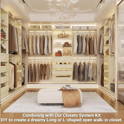 Aheaplus Closet System with Drawers Set of 2, Wood Closet Organizer System with 8 Hanging Rods & Top Shelves, Walk-in Closets Organizer Wardrobe Clothes Rack, Cut Fits Spaces 4-9FT. Wide, White Oak1