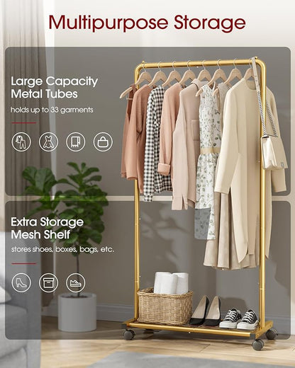 Clothes Rack - Clothing Rack with Storage Mesh Shelf & Casters, Heavy-Duty Metal Clothing Rack for Hanging Clothes, Dresses, Coats, Large Load Capacity, Easy Assembly, Gold, 28.0"x16.9"x59.0"