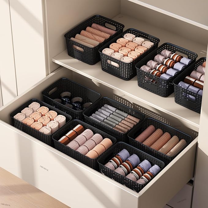 Plastic Storage Basket with Lids 12 Pack Stackable Black Storage Bins Containers with Lid, Decorative Storage Boxes for Organizing Shelves, Drawers, Playroom, Classroom, Office, Closet