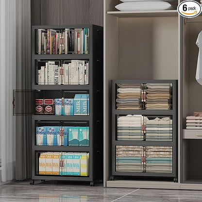 Extra Large Stackable Storage Bins with Lids & Wheels & Door,Foldable Collapsible Closet Organizers, Plastic containers drawers for bedroom Dorm (Dark-55qt, 8Pack with 2 top lids)