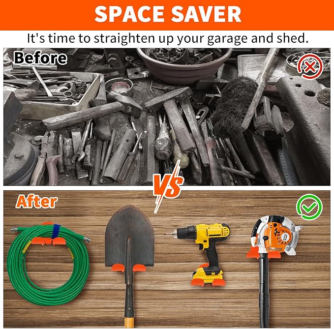Upgraded Trimmer Rack Wall Mount - 8" Heavy Duty Weed Eater Hanger for Garage Wall, Garden Power Tool Holder Organizer Hooks for Grass Trimmer, Hedge Trimmer, Leaf Blower and Chainsaw, Orange, 4 Pack