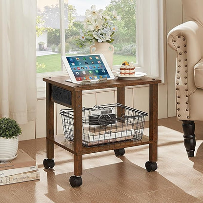 2 Tier Under Desk Printer Stand with Storage, Small Printer Table with Charging Station, Rolling Printer Cart Shelf with Lockable Wheels for Home, Office (Brown)