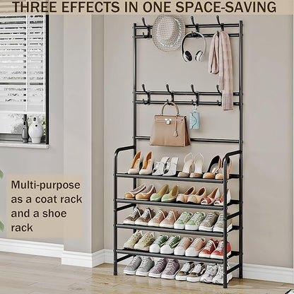 Coat Rack Shoe Rack With Storage Shelf Freestanding with 8 Hooks for Entryway Bedroom Closet 4 Tier, Black