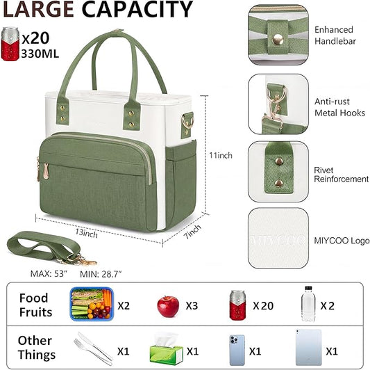 MIYCOO Lunch Bag Lunch Box Women - Leakproof Insulated Lunch Cooler Bag for Women - Large Lunch Tote Bags Adults, Green White