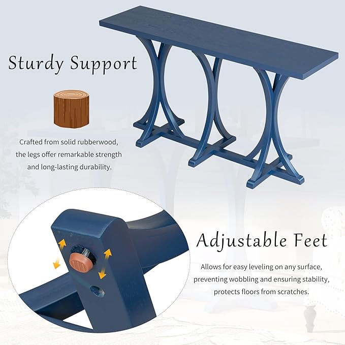 59.8" Wooden Console Table with Oak Veneer Top,Farmhouse Entryway Table with Rubber Wood Slender Curved Legs,Perfect for Living Room,Entryway,Hallway,Navy Blue