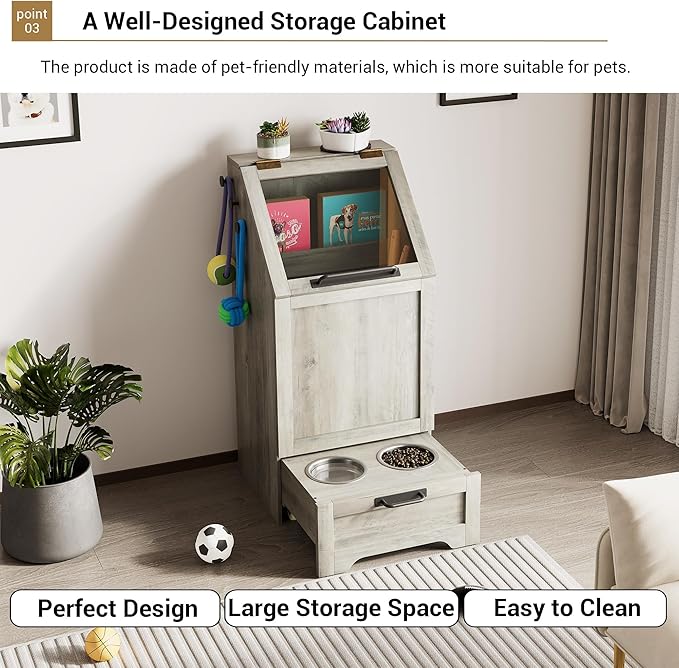 Flip Top Dog Food Storage Container, Wood Pet Storage Cabinet with 2 Pull-Out Elevated Dog Bowls, Modern Dog Food Storage Container with 3 Hooks, Pet Toy Storage Organizer, Grey