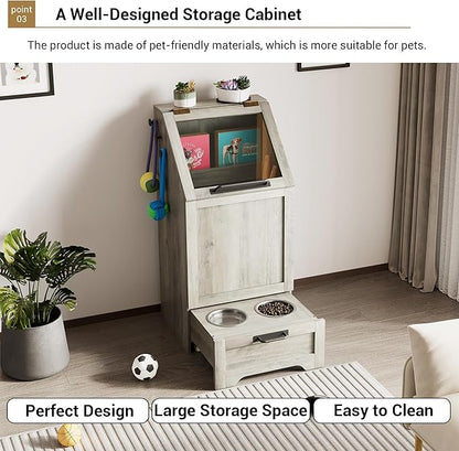 Flip Top Dog Food Storage Container, Wood Pet Storage Cabinet with 2 Pull-Out Elevated Dog Bowls, Modern Dog Food Storage Container with 3 Hooks, Pet Toy Storage Organizer, Grey