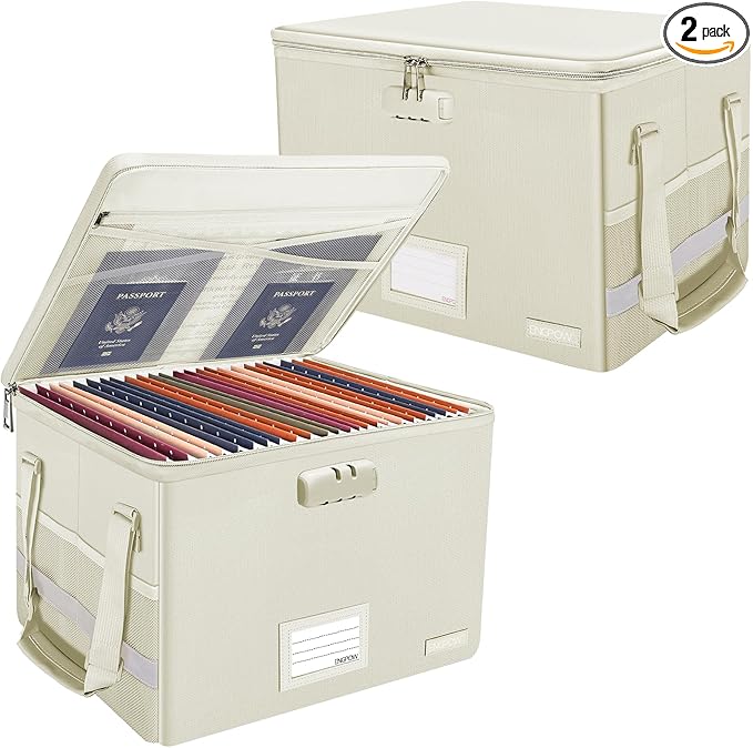 ENGPOW File Box with Lock,Fireproof Document Box with Zipper Lid,Collapsible File Storage Organizer Filing Cabinet with Handles,Portable Home Office Safe for Hanging Letter/Legal Folders,Beige,2 Pack