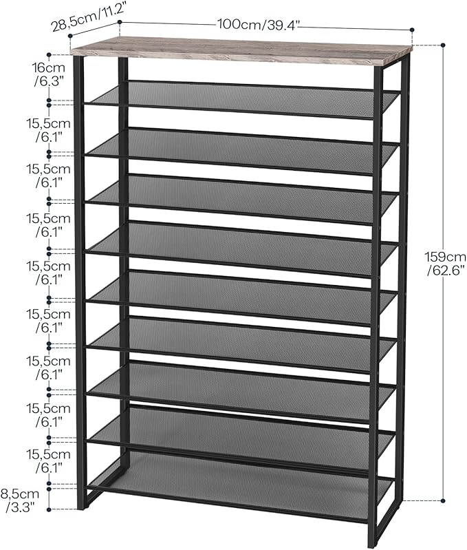 HOOBRO 10-Tier Shoe Rack for Entryway, 39.4" L Shoe Storage Organizer, Large Capacity Shoe Shelf for Closet, Front Door Entrance, Hallway, Holds 45-50 Pairs of Shoes, Greige and Black BG171XJ01