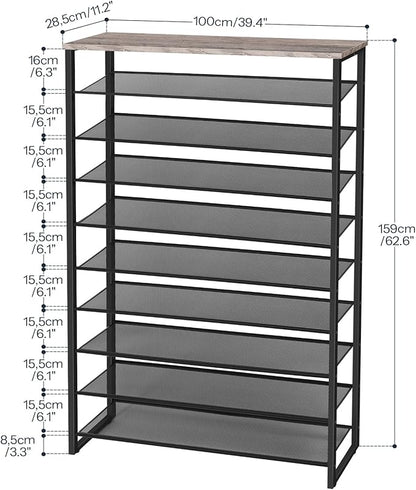 HOOBRO 10-Tier Shoe Rack for Entryway, 39.4" L Shoe Storage Organizer, Large Capacity Shoe Shelf for Closet, Front Door Entrance, Hallway, Holds 45-50 Pairs of Shoes, Greige and Black BG171XJ01