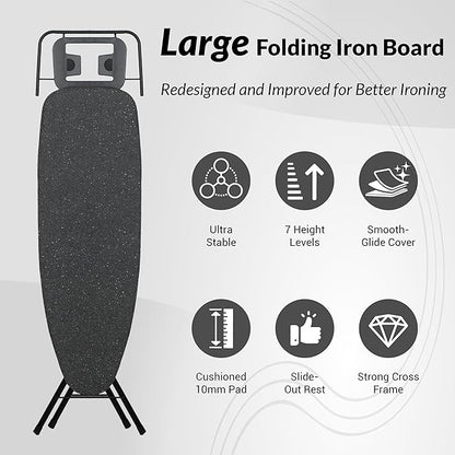 2026 Enhanced Ironing Board, Folding Iron Board with Retractable Iron Rest& Hook, 7-Level Height Adjustable Ironing Table with Thermo-Reflective Surface &10mm Thicken Pad, 43"x14"x36"