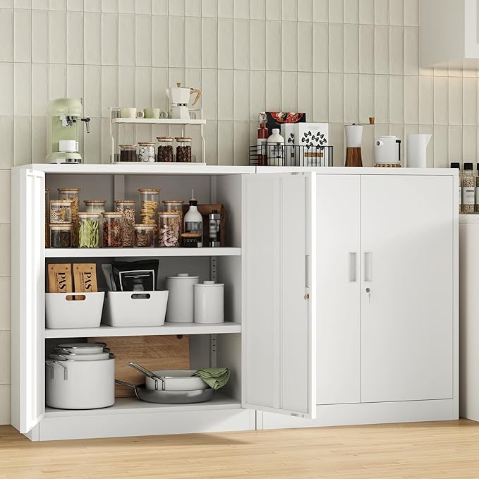 CJF Metal Storage Cabinet, 36" H Locking Storage Cabinet with Shelves and Doors for Home Office, Garage, Utility Room, Entryway(White)
