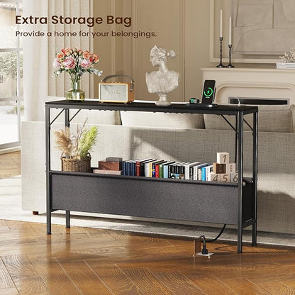 Console Tables with Charging Station and Storage Basket, 47.2'' Entryway Table Narrow with Power Outlets USB Ports, Couch Table Behind Sofa, Hallway Table for Foyer, Living Room, Black