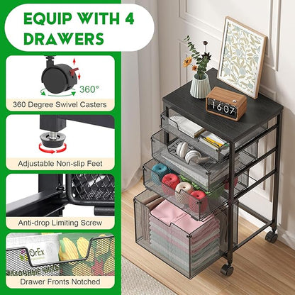 Rolling Storage Cart with Drawers, Utility Cart with Wooden Tabletop and Lockable Wheels Multifunctional Storage Organizer Craft Cart for Classroom, Bedroom, Bathroom, Office, Black