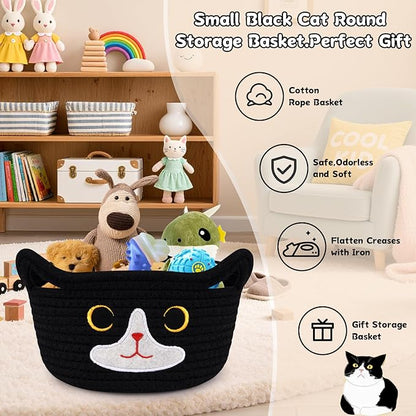 Cat Basket for Nursery, Small Storage Basket, Black Woven Rope Cotton Storage, Baby Blanket Bin with Cat Ears Handles, Animal Blanket Towel Halloween Decor Storage Bins, 8.2" x 4.7" IN