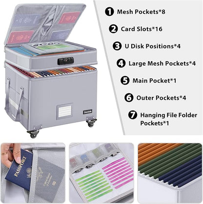 DocSafe Fireproof Document Box with Lock,2-Layer File Box with Wheels,Collapsible File Storage Organizer with Pockets,Large Portable Home Office Filing Cabinet Safe for Hanging Folders,Silver
