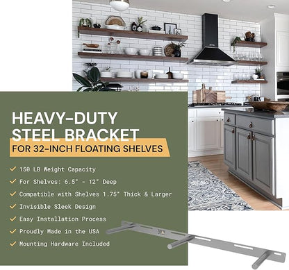 Floating Shelf Bracket - 32” Hidden Shelf Brackets, 150 LB Weight Capacity, Supports Wall Mounted Floating Shelves of Any Length, 3/4 Inch Industrial Solid Steel Support Rods Walnut Wood Works
