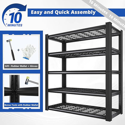 REIBII 2-Pack Commercial Heavy Duty Shelving, 3010 LBS Capacity per Shelf 72" H Industrial Storage Rack, 5-Tier Adjustable Boltless Rivet Metal Shelving Unit for Warehouse Garage Workshop Retail Store