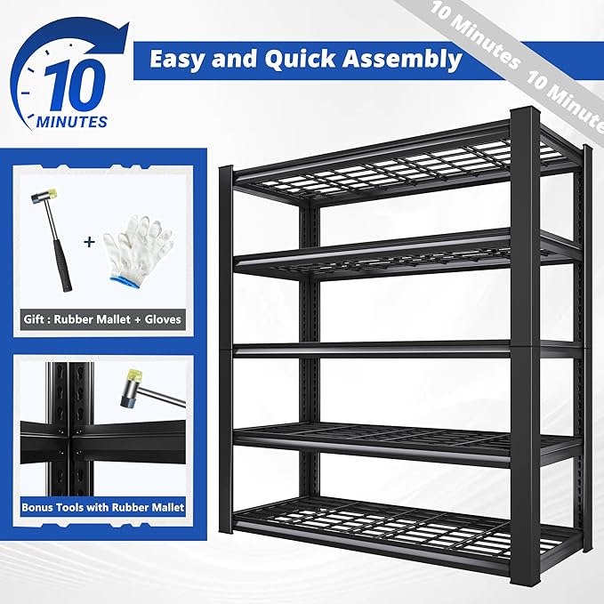 REIBII 3010LBS Garage Shelving 72" H Garage Shelving Heavy Duty Industrial Metal Shelving 5 Tier Adjustable Shelves for Storage for Kitchen Pantry Warehouse Basement 72" H x 35.5" W x 16" D, Black