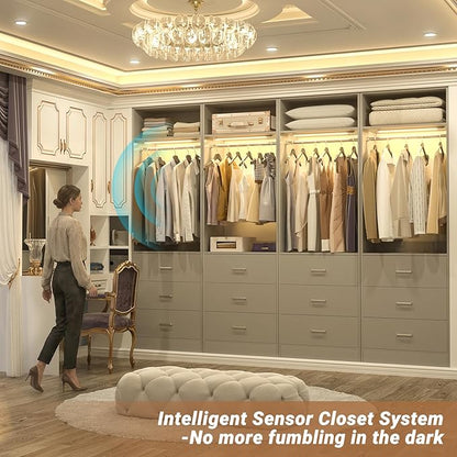 4FT Closet System with 2 Motion Sensor LED Lights, 48" Closet Systems with 6 Drawers, Closet Organizer System with 2 Hanging Rods & 2 Shelves, Heavy Duty 48 Inch Walk-in Closet, Grey