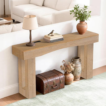 63 Inch Long Entryway Table Hollow, Wooden Console Table with Socket Farmhouse Sofa Table for Entrance, Hallway, Living Room,Behind Couch(Oak Brown)